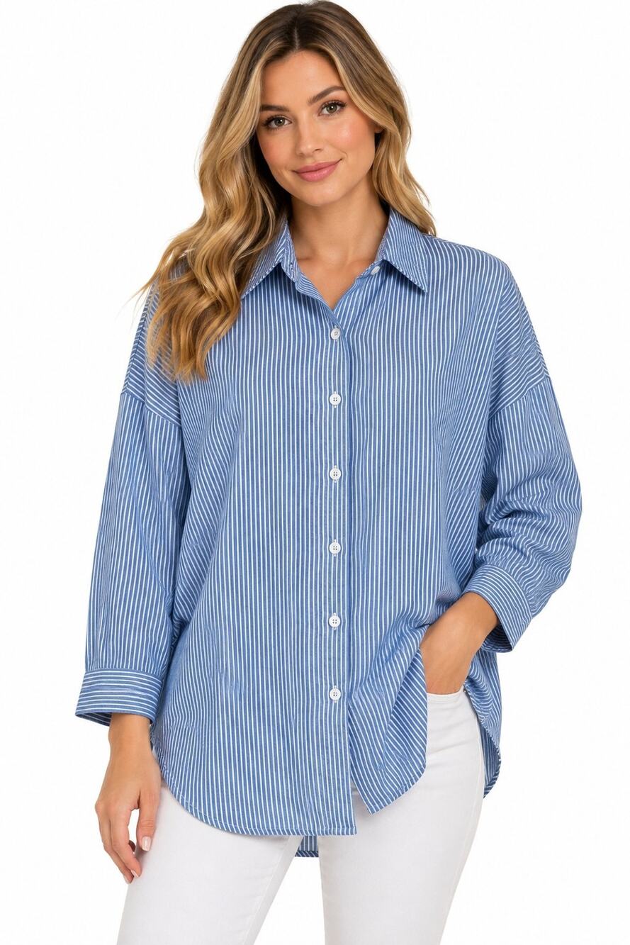 Anthropologie Cotton Blue White Stripe Oversized Slouchy Shirt Small